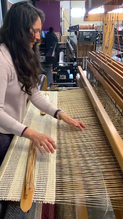 Weaving a rug at Auda Sinda. Wool and leather. Woven on our 10' wide loom Gladys.