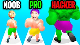 Can We Go NOOB vs PRO vs HACKER In MUSCLE RUSH!? (FIGHT BALDI AND SCARY TEACHER! *FUNNY APP GAME*)