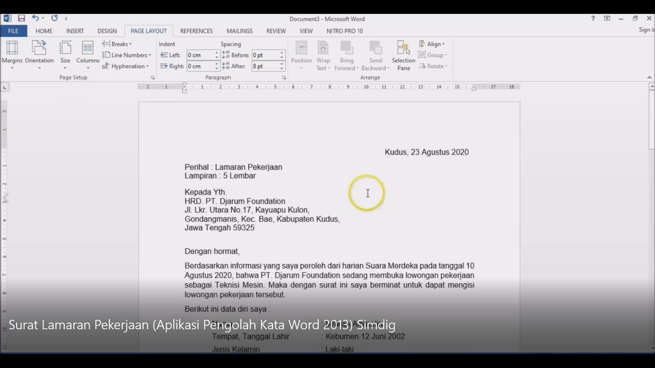 Surat Lamaran Pekerjaan (Aplikasi Pengolah Kata Word 2013)- Simdig