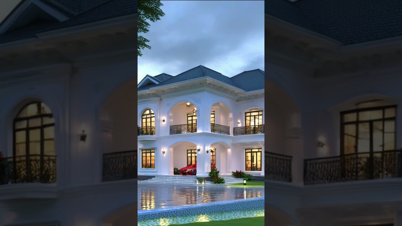 Modern Mansion with Ornate Railings and Water Feature 