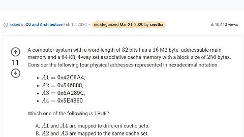 GATE 2020 COA | 4way set associative Cache | A1=0x42C8A4,  A1 & A4 are mapped to different cache set