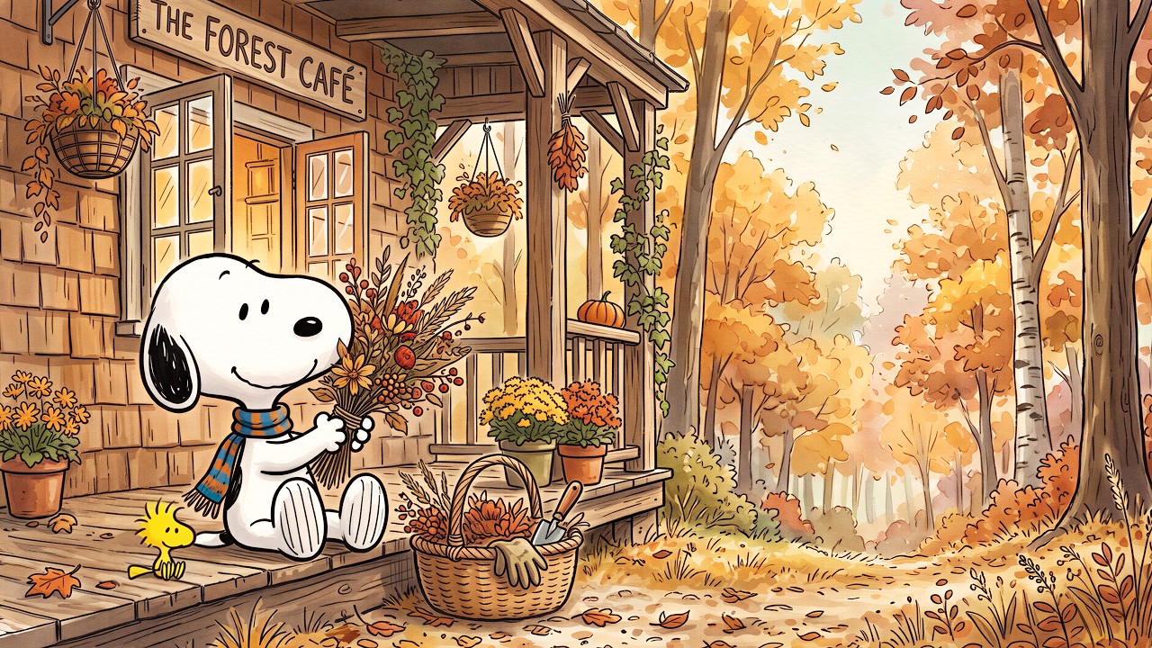 Snoopy's Autumn Forest Cafe ☕🍂 Relaxing Jazz Cafe Ambience for