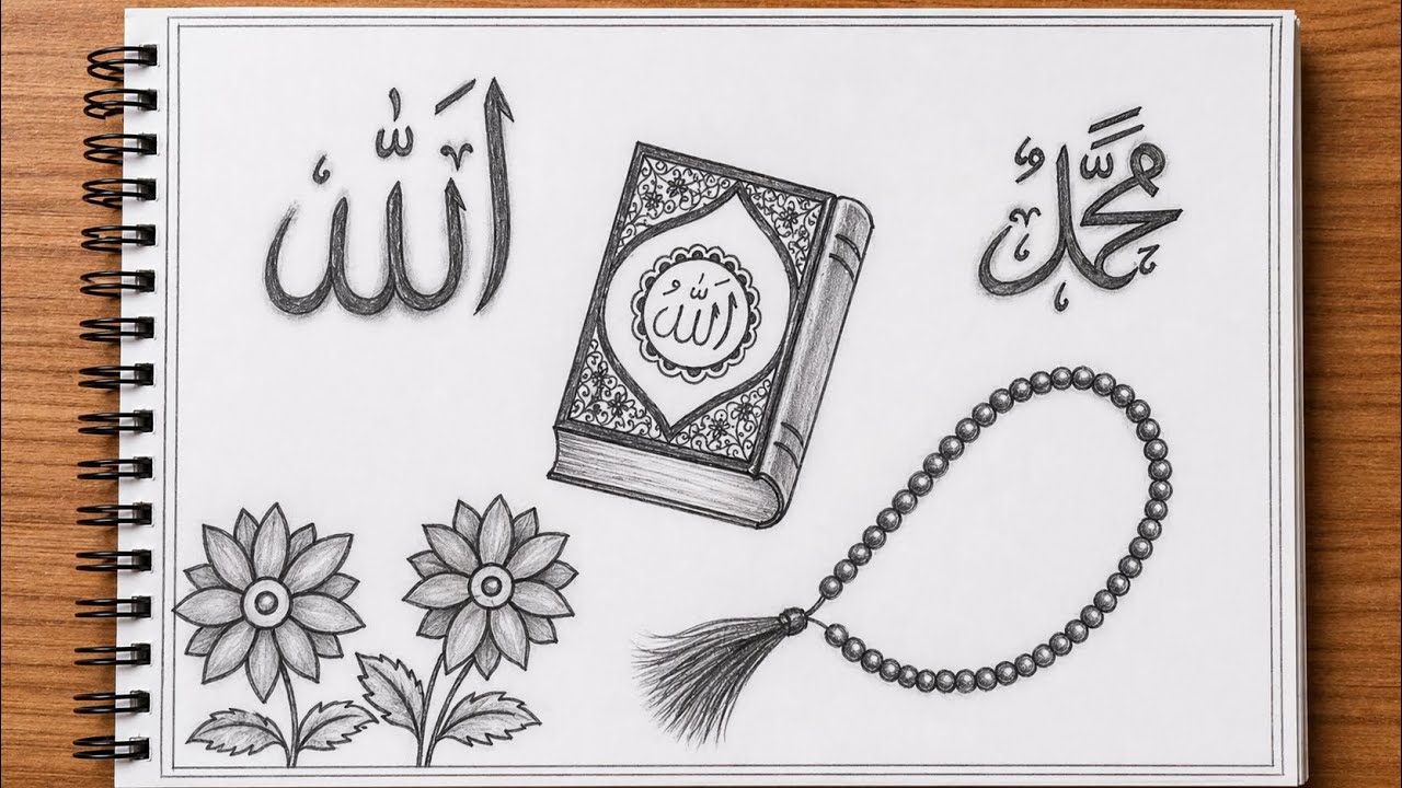 How to draw Allah & Muhammad ﷺ Pencil Sketch | Quran Sharif & Tasbih ...