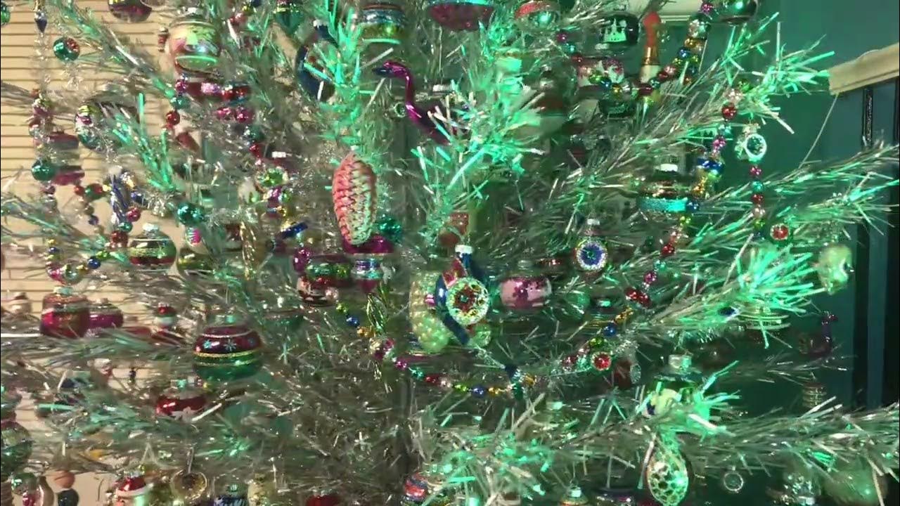 Vintage aluminum Christmas Tree with Shiny Brite Ornaments. Old color wheel. YouTube