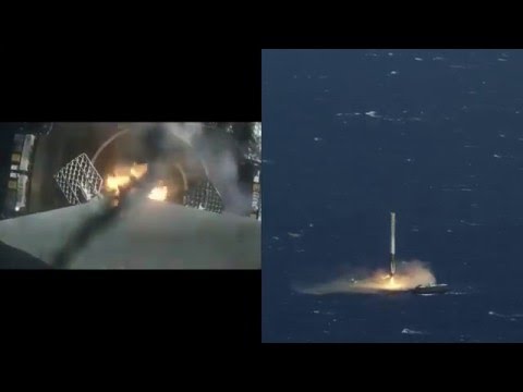 SpaceX CRS-8 First Stage Landing Onboard Cam + Chase Plane Side By Side Sync