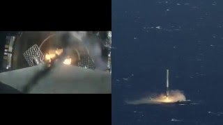 SpaceX CRS-8 First Stage Landing Onboard Cam + Chase Plane Side By Side Sync