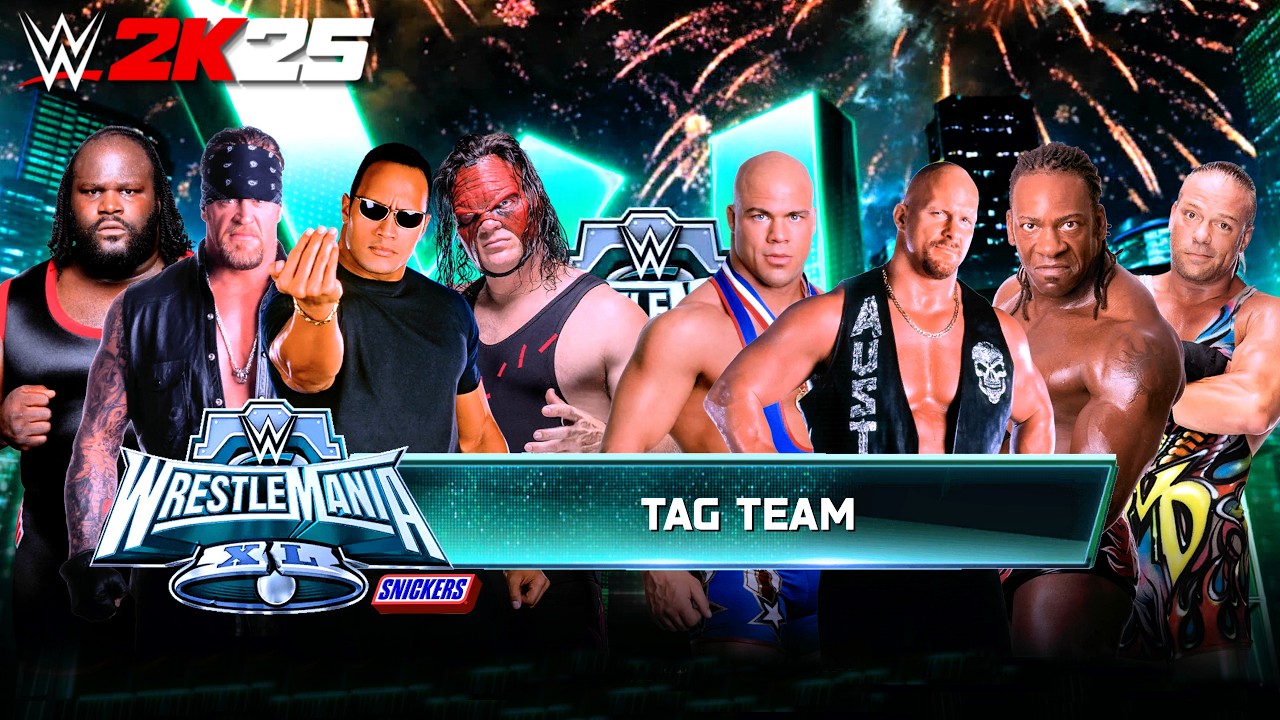 WWE 2K25 - Стив Остин, Курт Энгл, Букер Ти и RVD против Рока, Андертейкера, Кейна и Марка Генри.