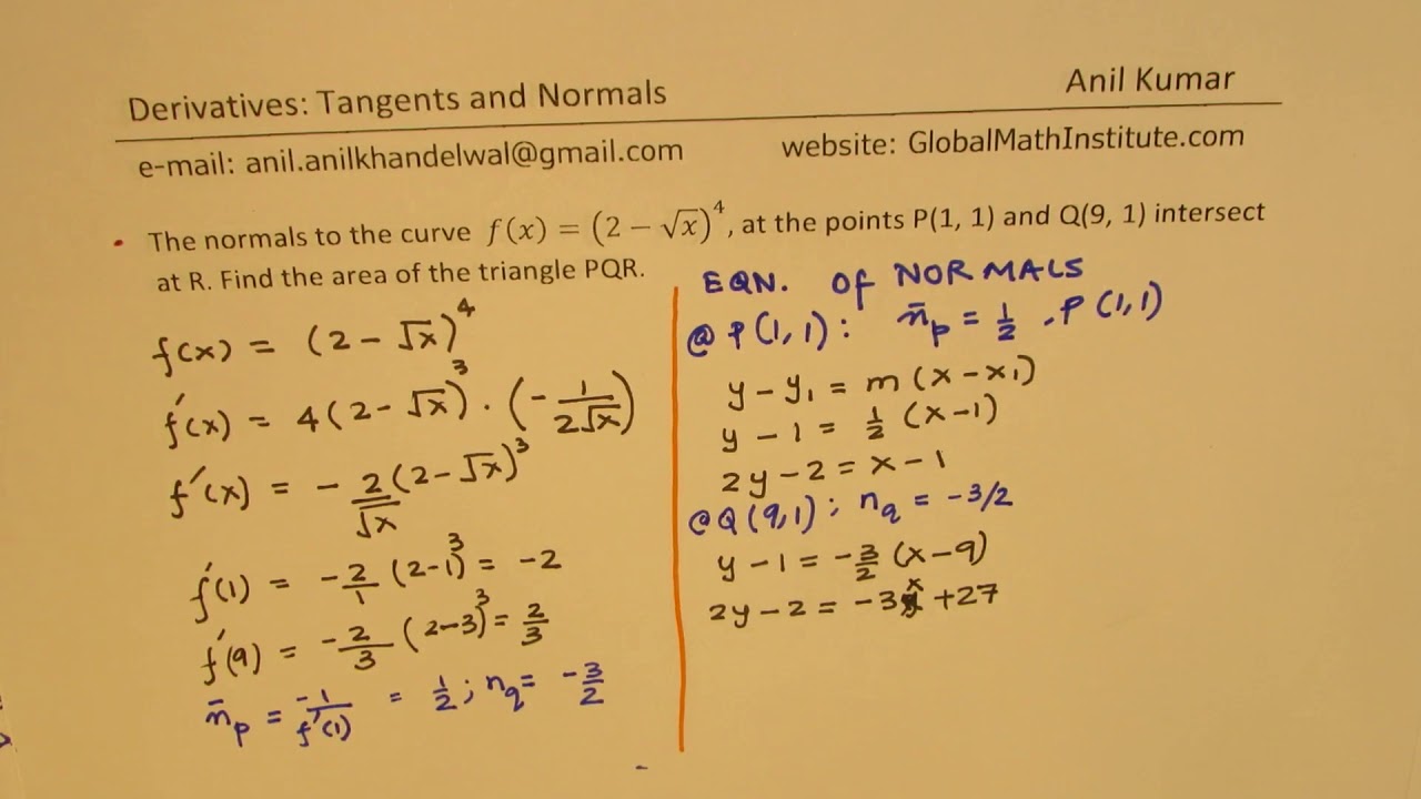 Normals At P And Q Intersect At R Find Area Of Triangle Pqr Youtube