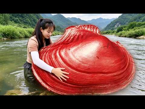 A once-in-a-century giant red clam with stunning pearls in a deep mountain river channel