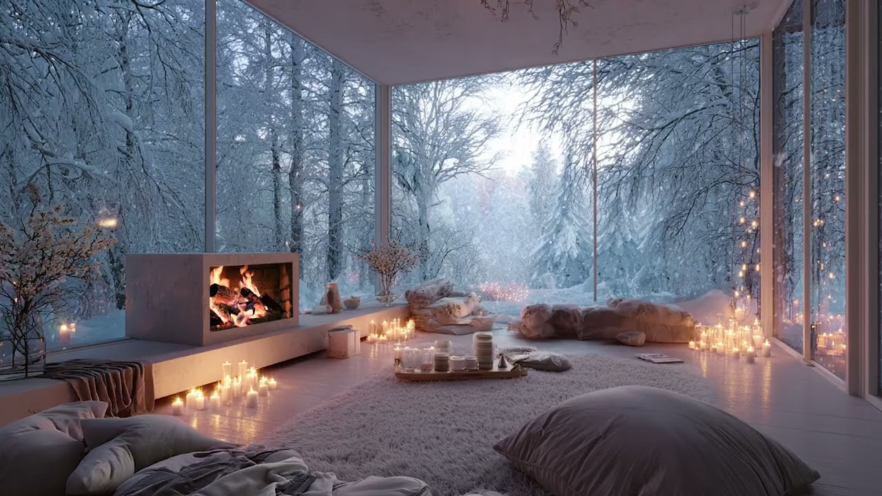 Still Winter Wind and Snow Outside | Cozy Fireplace Ambience Inside a Warm Cabin at Night