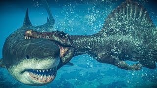 Megalodon "HUNT & FIGHT" vs ALL Marine reptiles + Spinosaurus | JWE 2 Park Manager