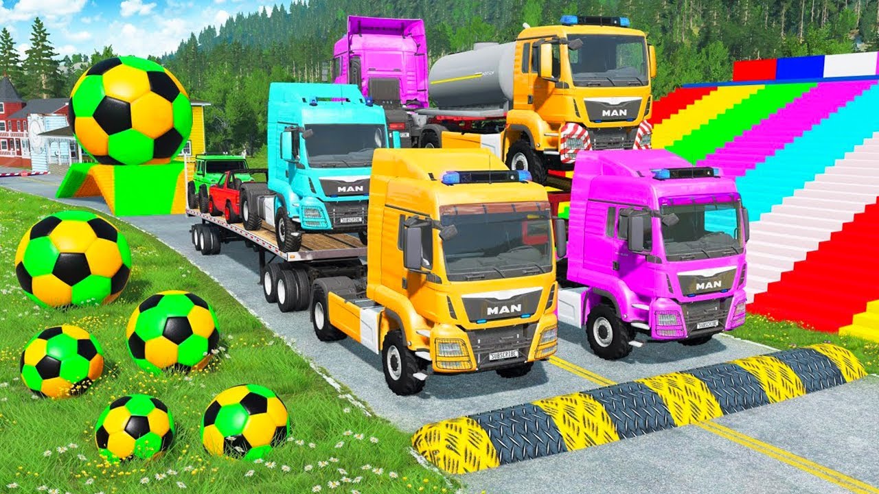 Flatbed Trailer McQueen Transportations with Truck   Cars vs Speed vs Train   BeamNG Drive #33