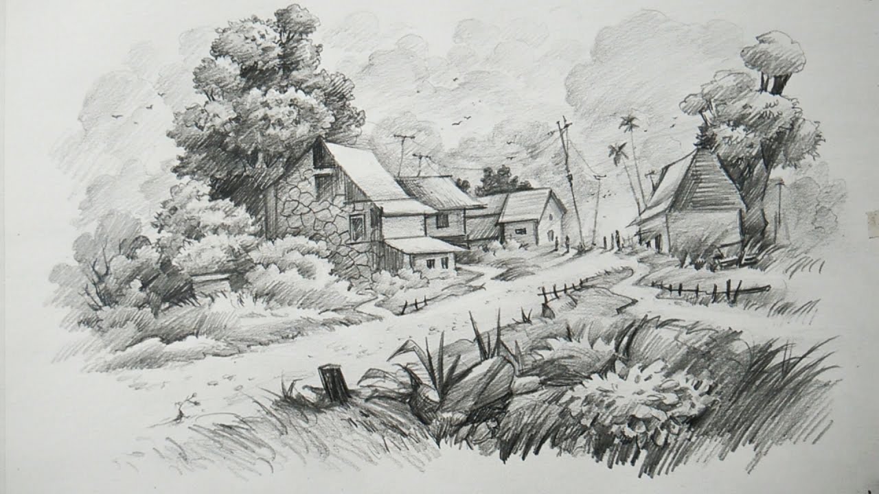 How To Draw A Landscape With Pencil Art - YouTube