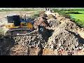 Nicely Technique Skills Shantui Dozer Clearing Soil and Brush with Dump trucks dumping soil Landfill