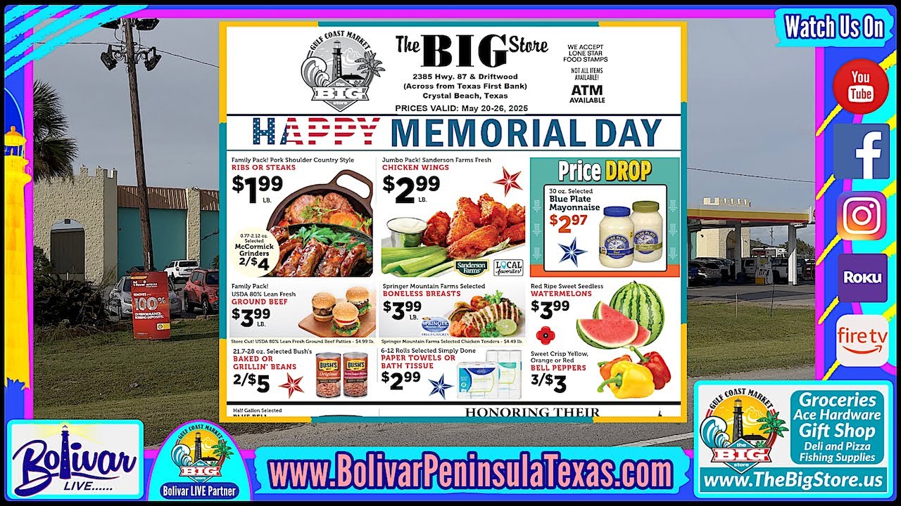 Memorial Day Weekend Grocery Sales, Crystal Beach, Texas.