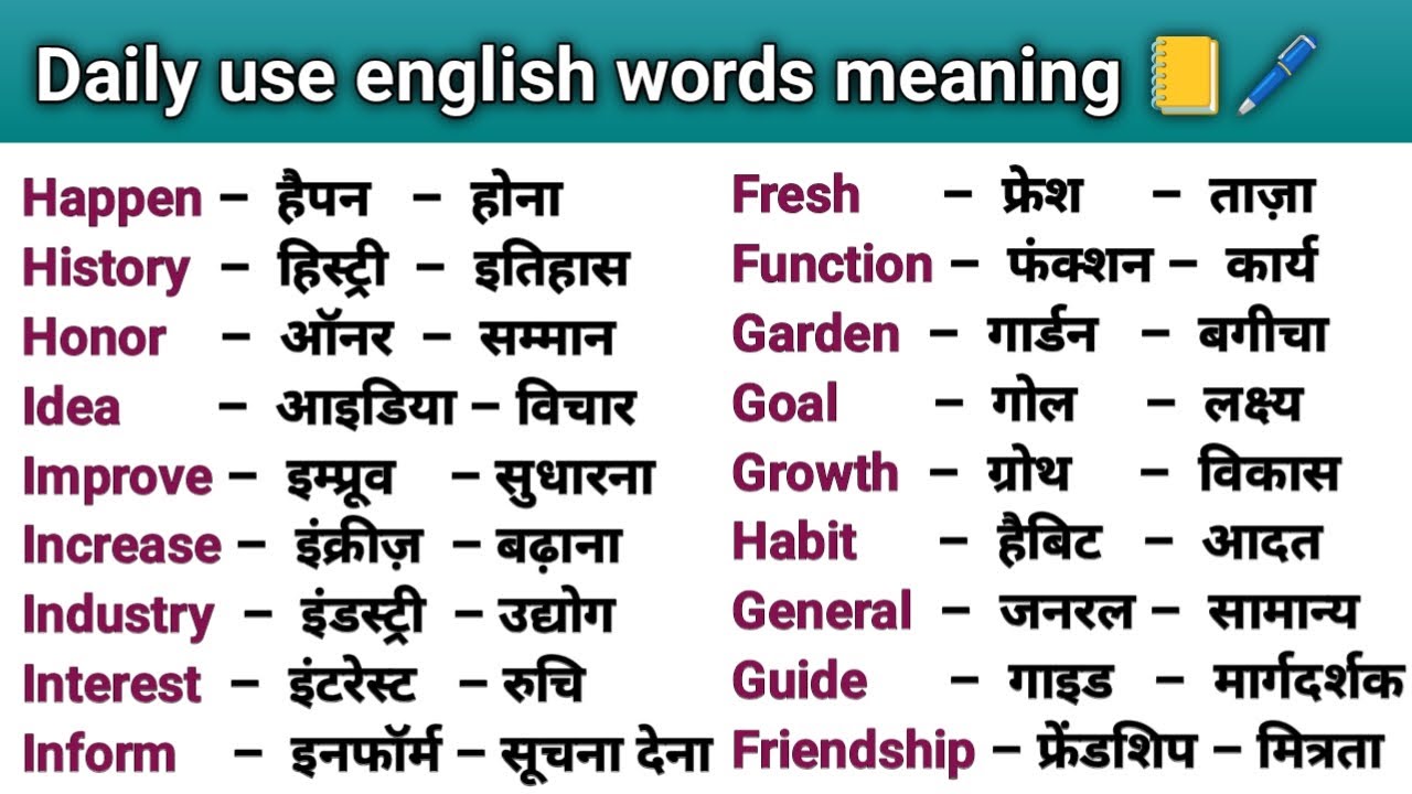 100 Words with Hindi Meanings | Word Meaning | Daily Use English