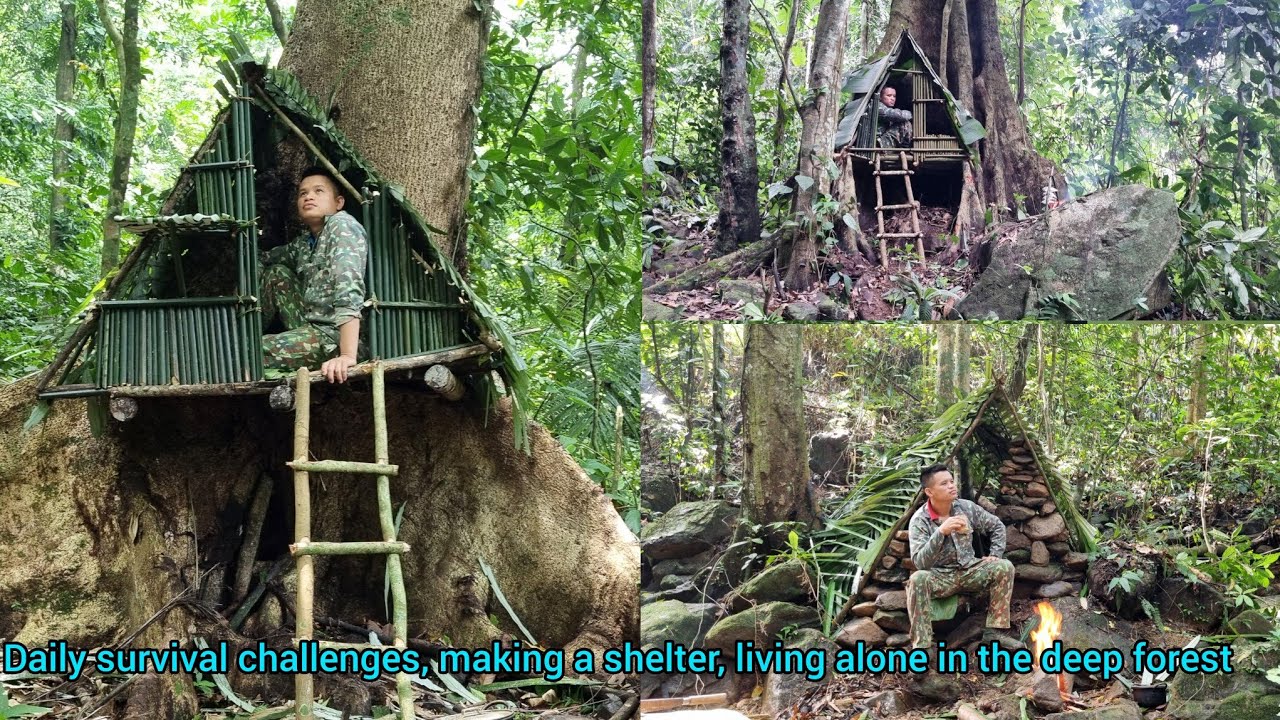 Daily survival challenges, making a shelter, living alone in the deep ...