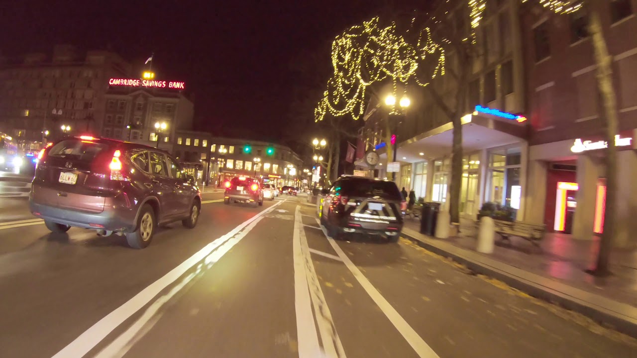 [4K] Saturday Night Bike Ride through Somerville, Cambridge and Boston. Davis Square to Faneuil Hall