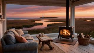 Sunset Wood Stove by the Ocean 🌅🔥 | Cozy Coastal Cottage Overlooking Salt Marshes & a Lighthouse
