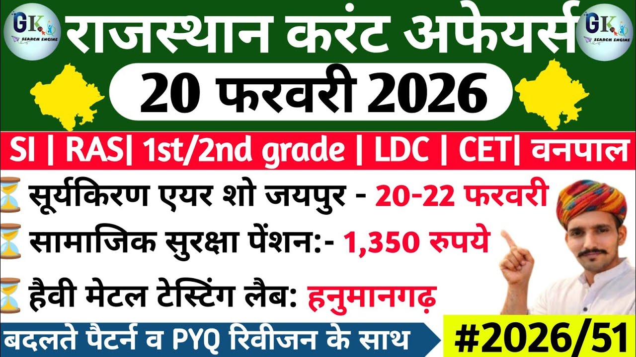 20 February Rajasthan Current Affairs 2026| 20 फरवरी 2026 राजस्थान करंट अफेयर्स| RPSC, RSSB