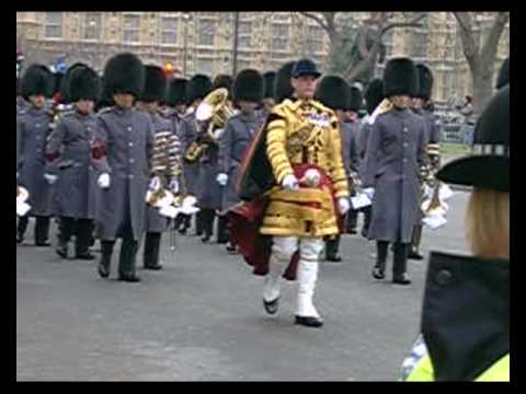 The Band of the Grenadier Guards accompanied by the Corps of Drums of the 1st Battalion Grenadier Guards returns to Wellington Barracks after the December 2008 State Opening of Parliament.