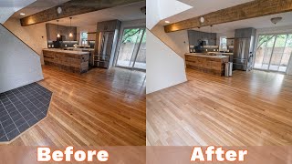 Restoration project. Bona Classic Seal, Bona Traffic HD Satin on 3-1/4” white oak hardwood floor.