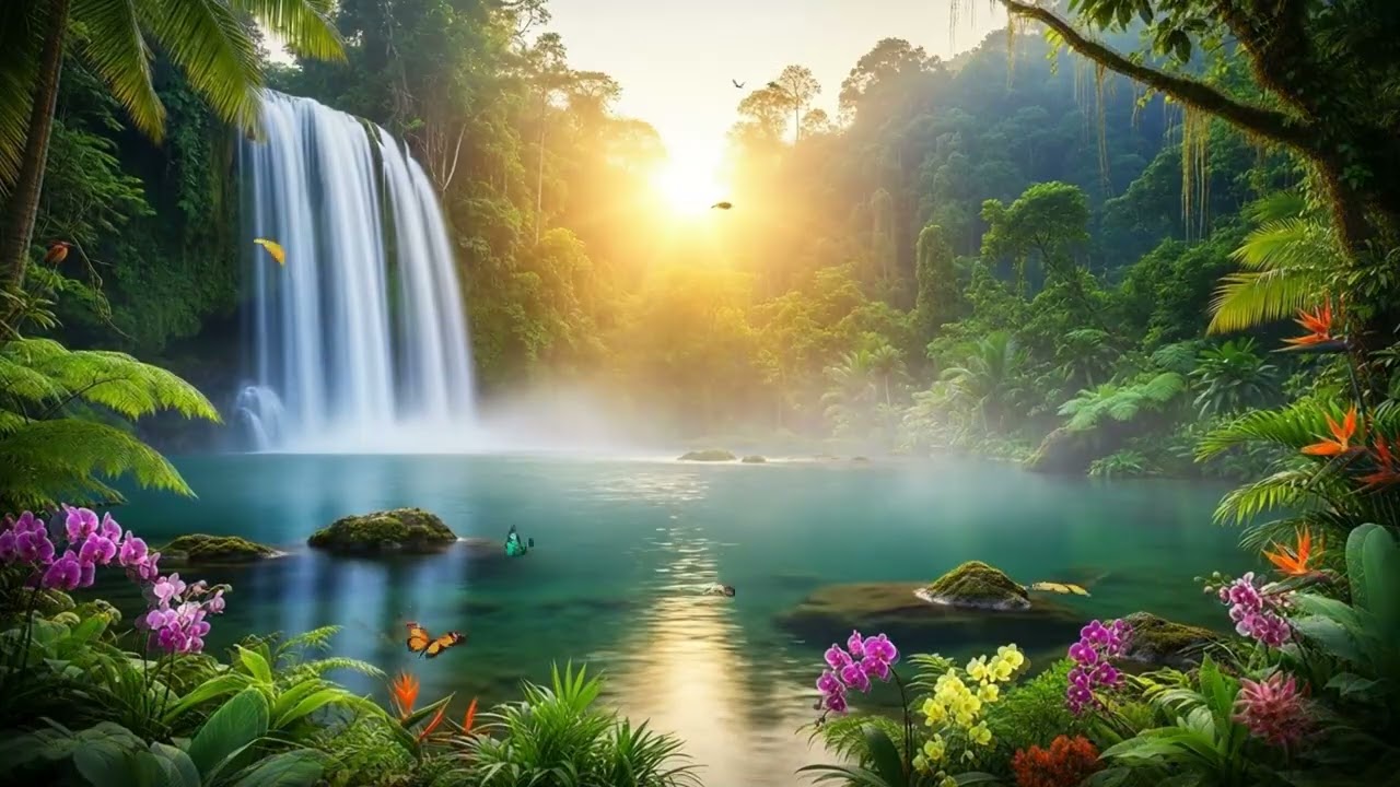 Sunrise Waterfall - Relaxing Nature Sounds & Calm Music for Sleep - Meditation - Sound of Peace 🌅