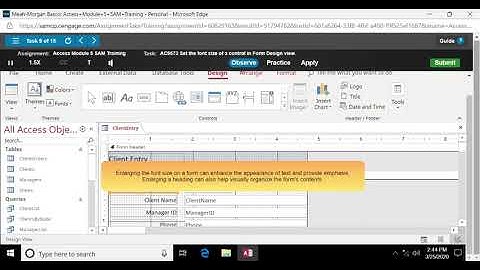 MindTap - Cengage Access how to set the font size of a control in Form Design view