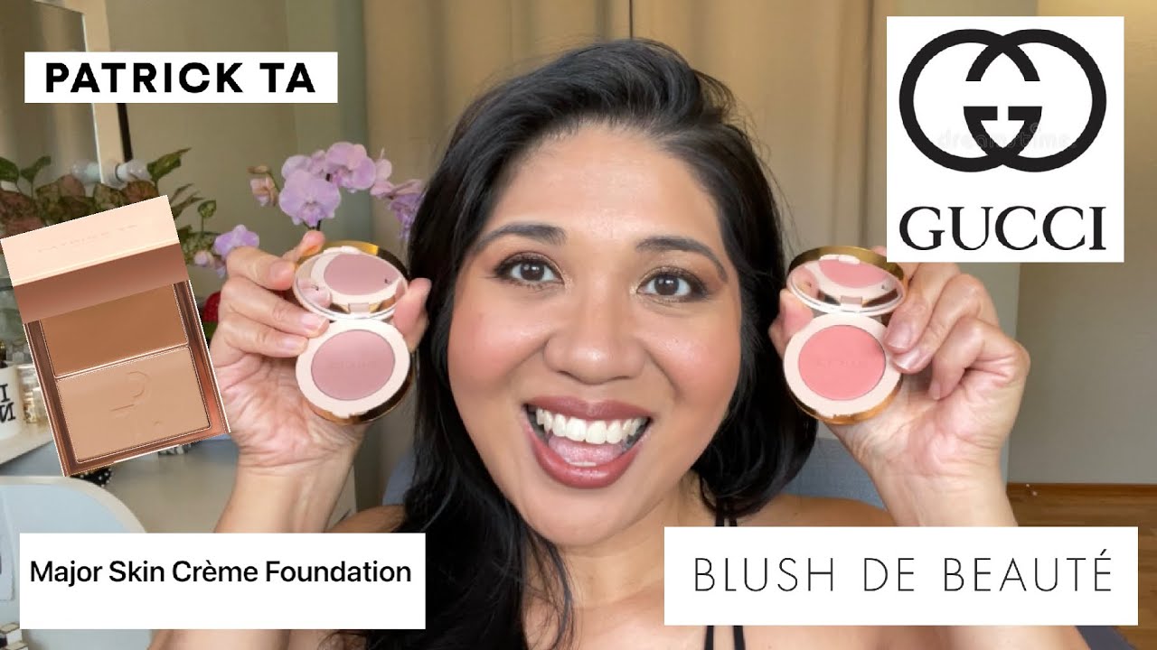 ⭐NEW⭐ GUCCI blushes BRIGHT CORAL, ROSY BEIGE & PATRICK TA cream foundation  on tan / brown skin - YouTube