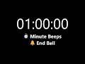 1 Hour Timer - Count Up with Minute Beeps (Soft Ending Alarm) | Mono Chrono