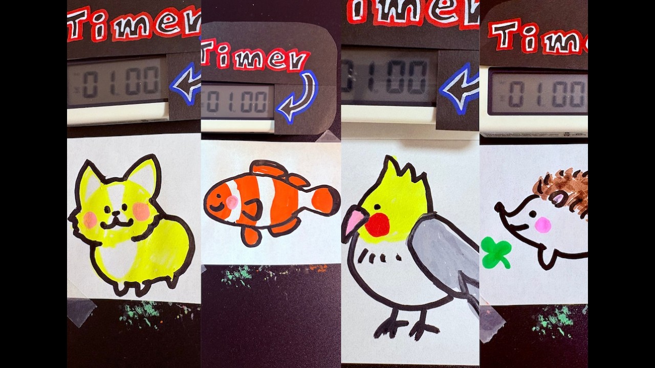 ✍️ 1 Minute Animal Drawing Challenge ASMR Compilation （Cockatiel,ClownFish,Corgi,Hedgehog）