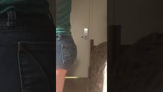 Girl pees her jeans shorts locked out of restroom