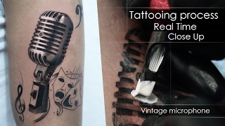 Process tattooing Real Time Close Up - Vintage microphone Realism black and white 🎤🎼