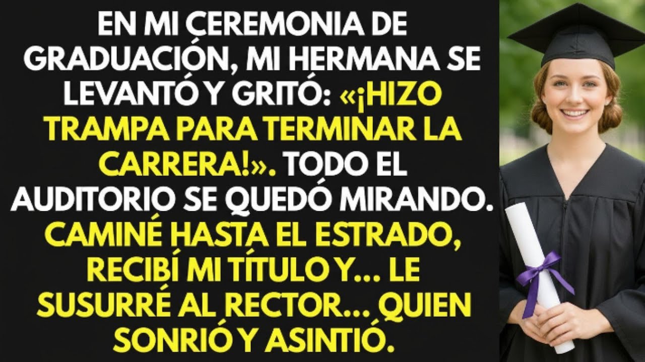 En mi graduación, mi hermana se levantó y gritó que yo había hecho trampa; el público quedó helado.