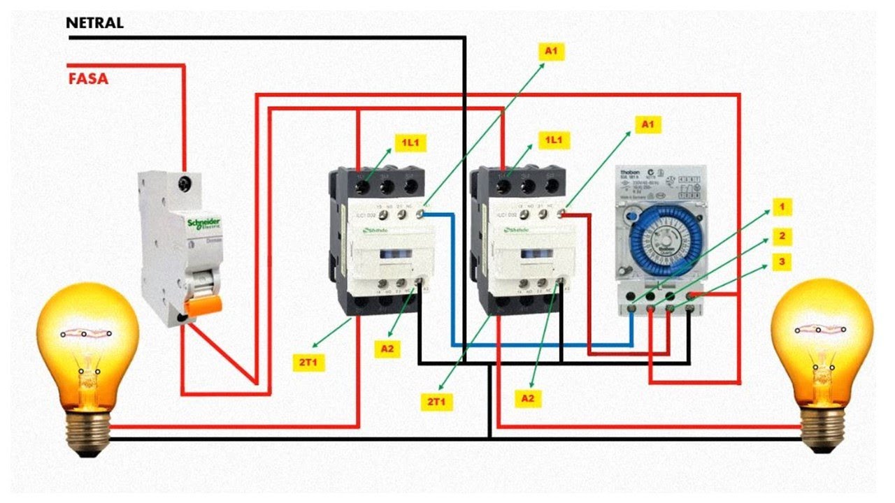Theben SUL 181h Timer connection diagram with 2 Contactors - YouTube