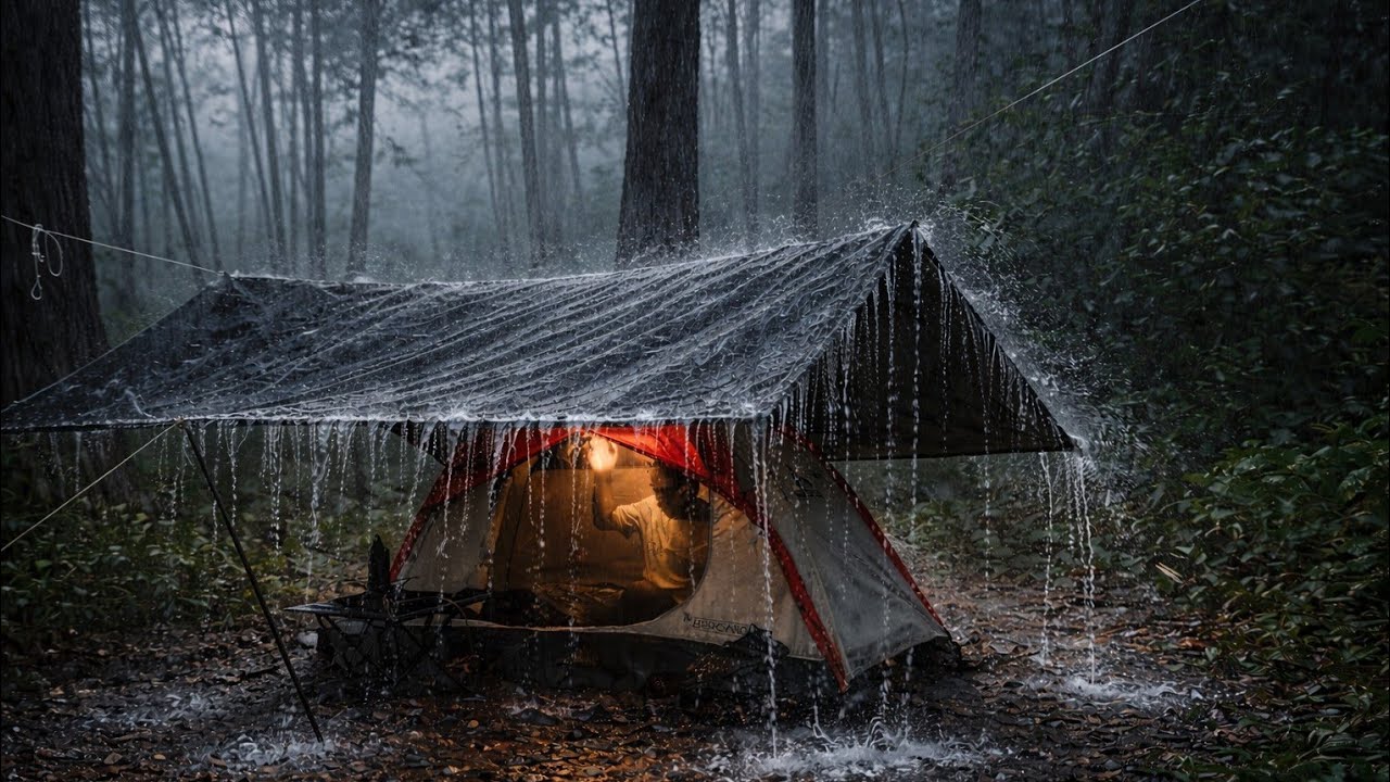 HEAVY RAIN AND THUNDER CAMPING ⛈️ RELAXING IN A COMFORTABLE TENT WHILE IT RAIN