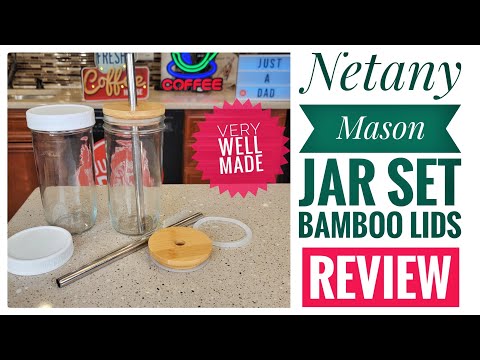 Review NETANY Mason Jar Glass Cup Set with Bamboo Lids & Straws   Great For Iced Coffee