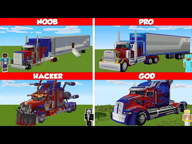 Minecraft OPTIMUS PRIME TRUCK HOUSE BUILD CHALLENGE - NOOB vs PRO vs HACKER vs GOD / Animation class=