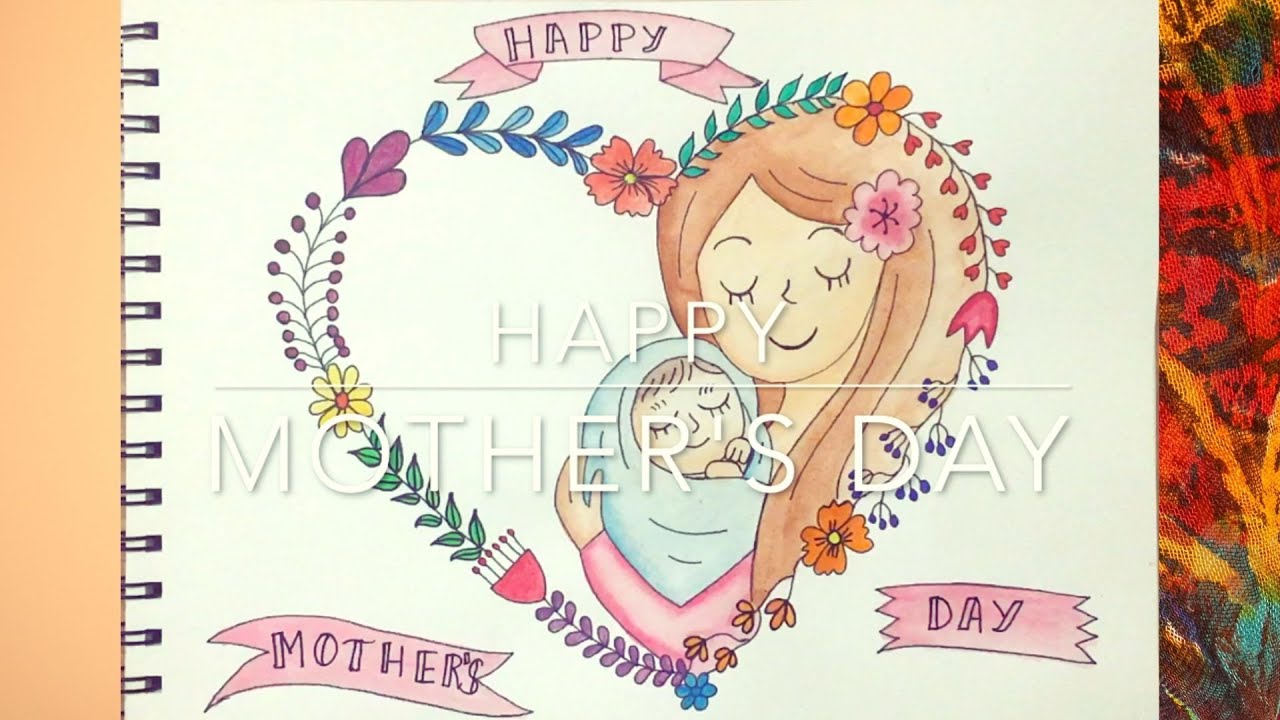 Mothers Day Drawing | Cute Mothers Day Drawing Easy | Mother's Day Drawing using Water Colour ...