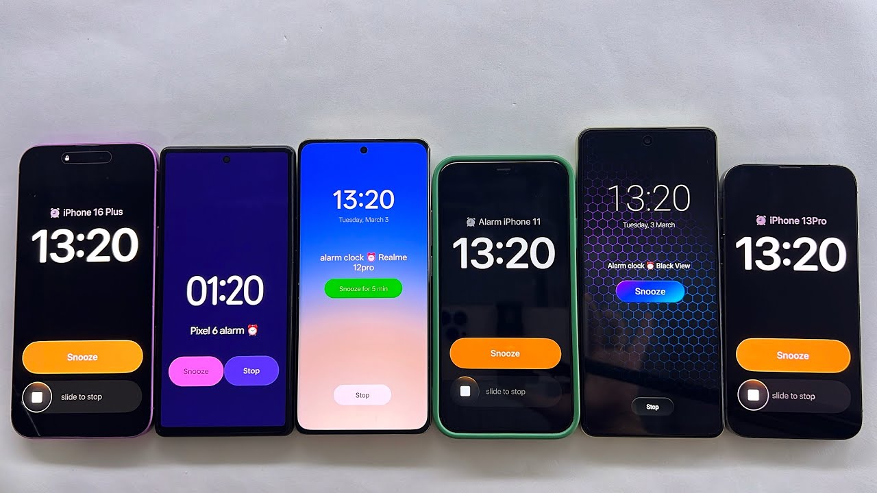 Alarm Clock + Timer iPhone 16 Plus + 13 Pro + iPhone 11 + Realme 12 Pro + Google Pixel 6 + Blackview