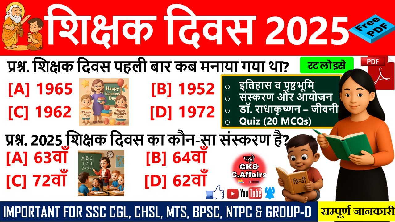 शिक्षक दिवस 2025 | History, Theme & 20+ GK MCQs । Teachers Day Quiz in Hindi