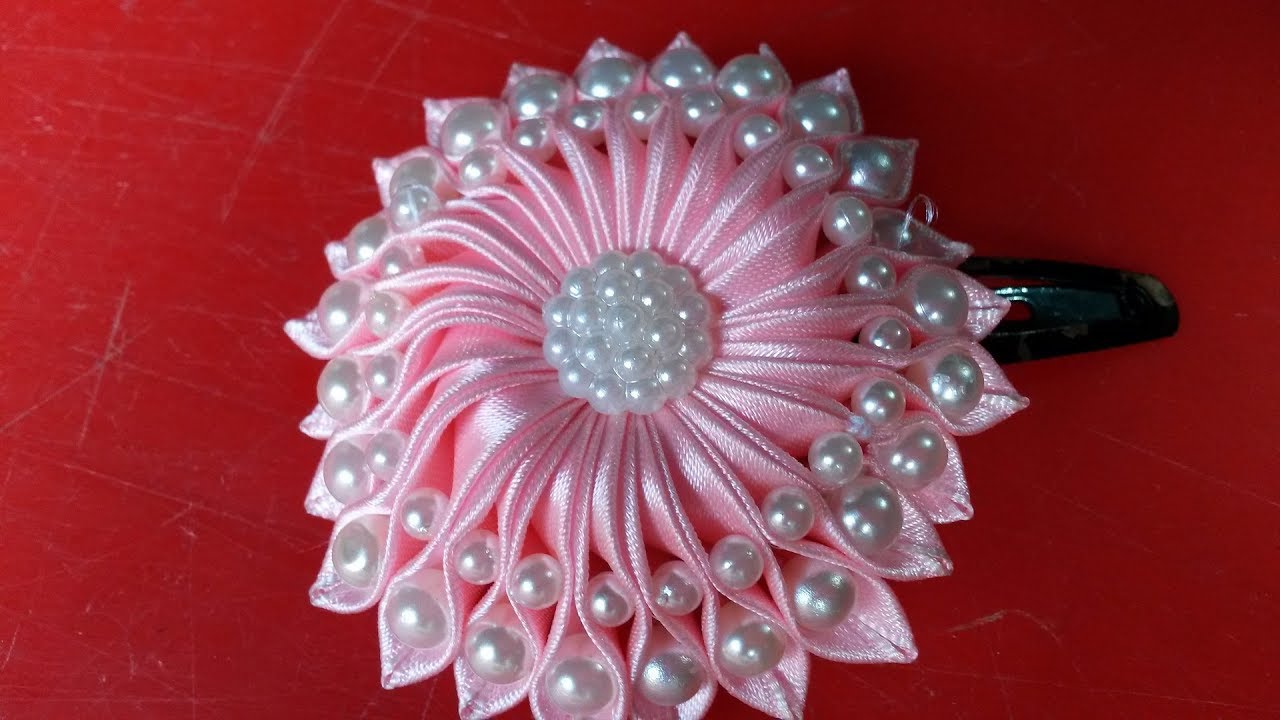 WOW! Amazing DIY Ribbon flower with beads - Kanzashi flower hair clip ...