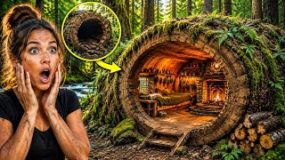 She Built an Incredible Hidden Log House Inside a Giant Tree 🌲 | Full Survival Build