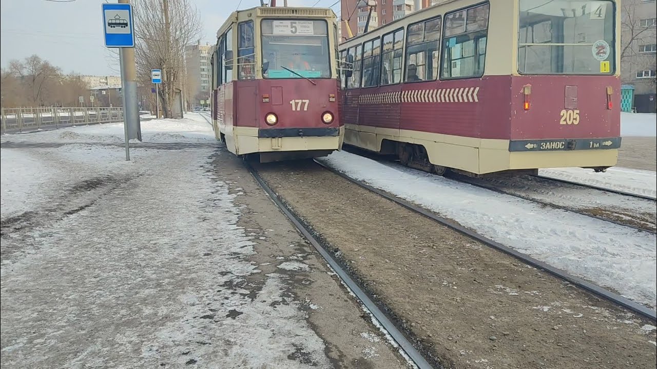 Поездка на трамвае КТМ-5М3 (71-605) по маршруту 5, г. Красноярск