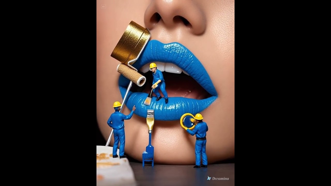 Tiny Workers Painting Lips Blue – Surreal Beauty Art! 💄🔵