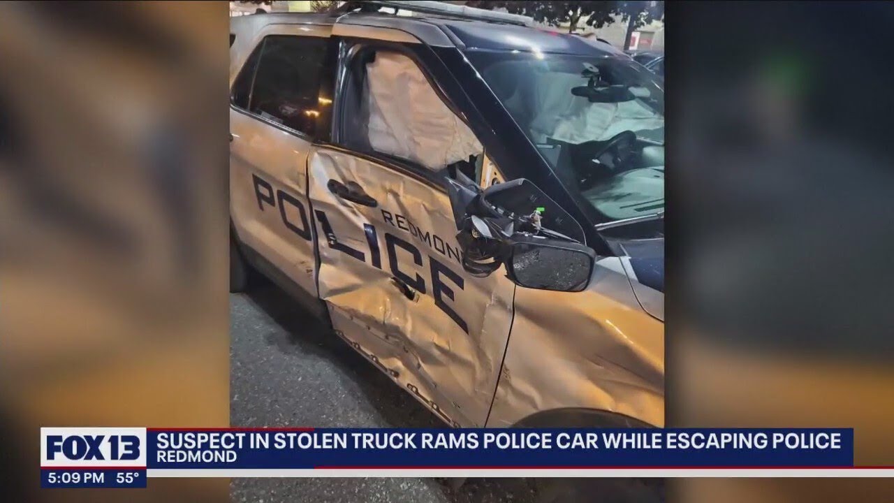 Suspect rams police car in stolen truck | FOX 13 Seattle - YouTube