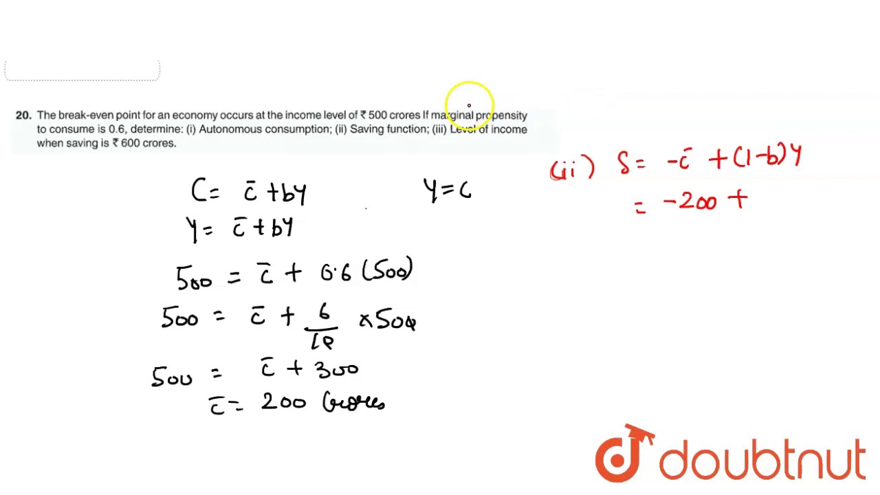 The break-even point for an economy occurs at the income level of ₹ 500  crores If marginal