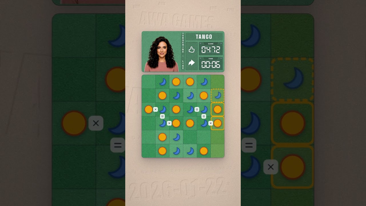 LinkedIn Tango #472 solved board for January 22, 2026, 6x6 grid