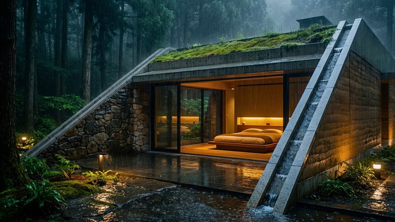 Rainy Night Forest Ambience with Cozy Cabin Sounds for Deep Sleep, Stress and Mental Calm