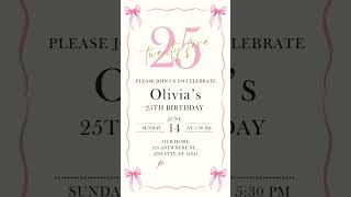 25th Birthday Animated Video Invitation, Pink Coquette Bow E-vite, Editable Canva Digital Invite